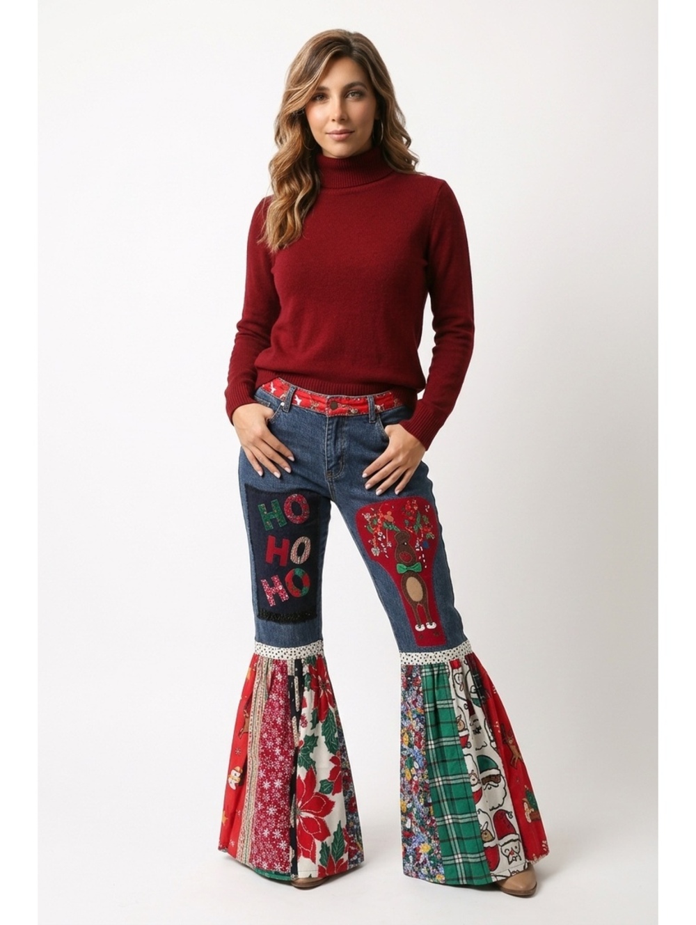women’s Christmas Jeans patchwork ruffled flared hand sewn jeans - Picture 5 of 6